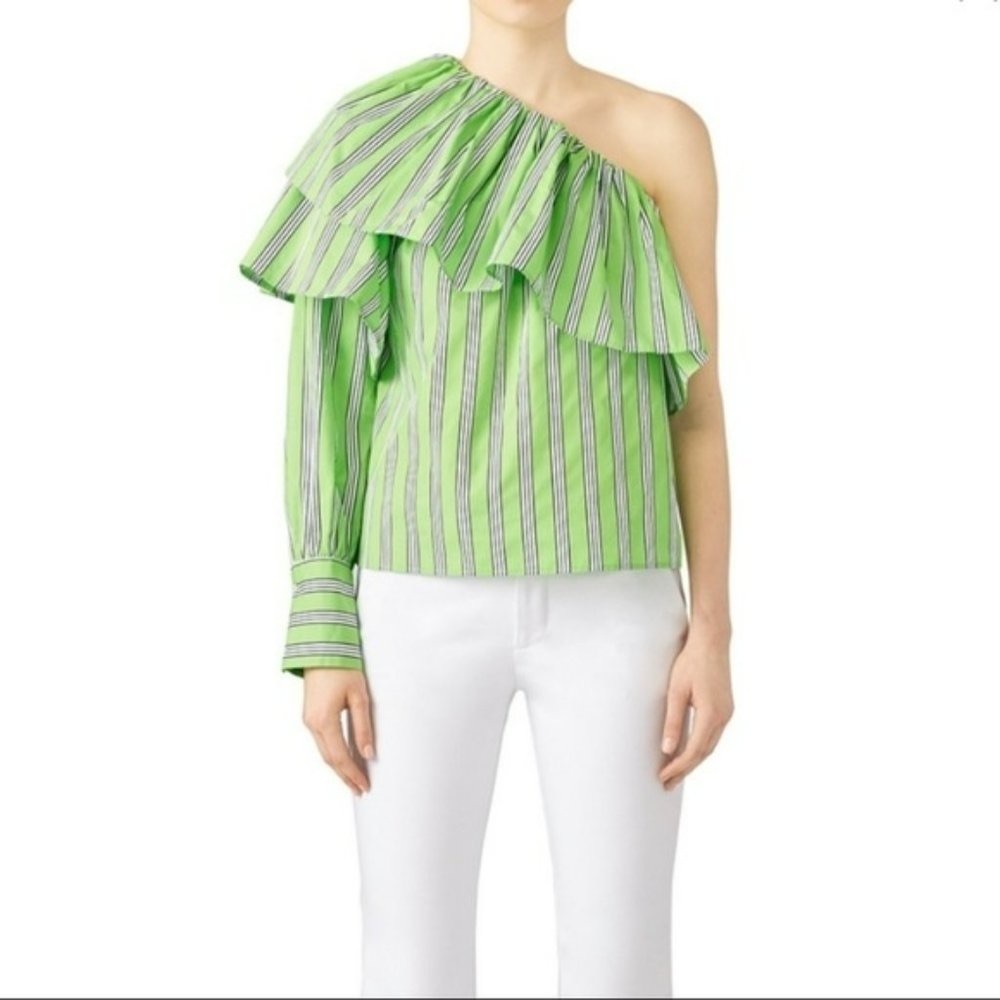 New MSGM Neon Striped Ruffle Cotton One Shoulder Top Blouse Size 42 US M Italy